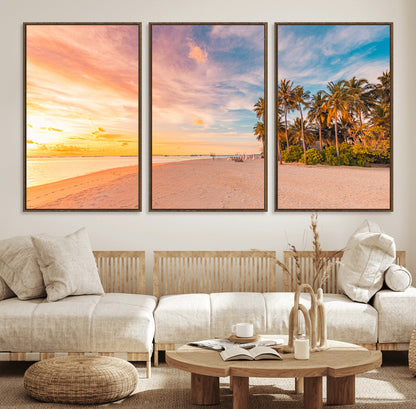 41542880-MGV-FC-60X30-3P_Walnut-Tropical Beach Wall Art Canvas Print, Framed Palm Trees Art Picture Print, Sunset Shore Perfect Tropical Coastal Decor Artwork
