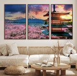 32331262-MGV-FC-60X30-3P_Walnut-Mount Fuji Japan Wall Art – Cherry Blossom Landscape Canvas Print, Chureito Pagoda Sunset Photography, Japanese Nature Travel