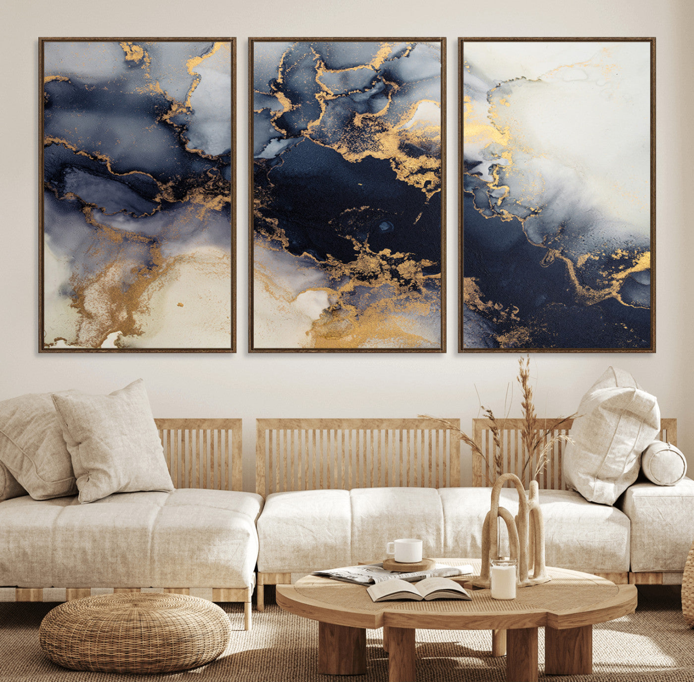 41136487-MGV-FC-60X30-3P_Walnut-Black Marble Wall Art Canvas Print, Framed Gold Veins Art Picture Print, Abstract Texture Perfect Moody Luxe Decor Artwork