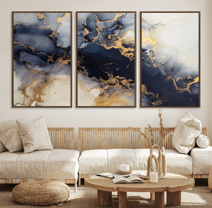 41136487-MGV-FC-60X30-3P_Walnut-Black Marble Wall Art Canvas Print, Framed Gold Veins Art Picture Print, Abstract Texture Perfect Moody Luxe Decor Artwork