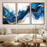 33506371-MGV-FC-60X30-3P_Walnut-Blue Marble Wall Art Canvas Print, Framed Gold Splash Art Picture Print, Abstract Wave Perfect Modern Luxe Decor Artwork