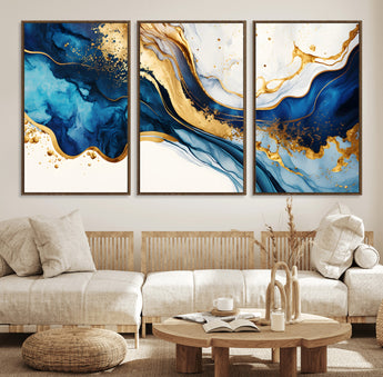 60283636-MGV-CV-36X24-Blue Gold Flow Wall Art Canvas Print, Framed Marble Texture Art Picture Print, Elegant Splash Perfect Elegant Abstract Decor