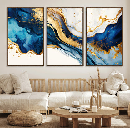 60283636-MGV-CV-36X24-Blue Gold Flow Wall Art Canvas Print, Framed Marble Texture Art Picture Print, Elegant Splash Perfect Elegant Abstract Decor