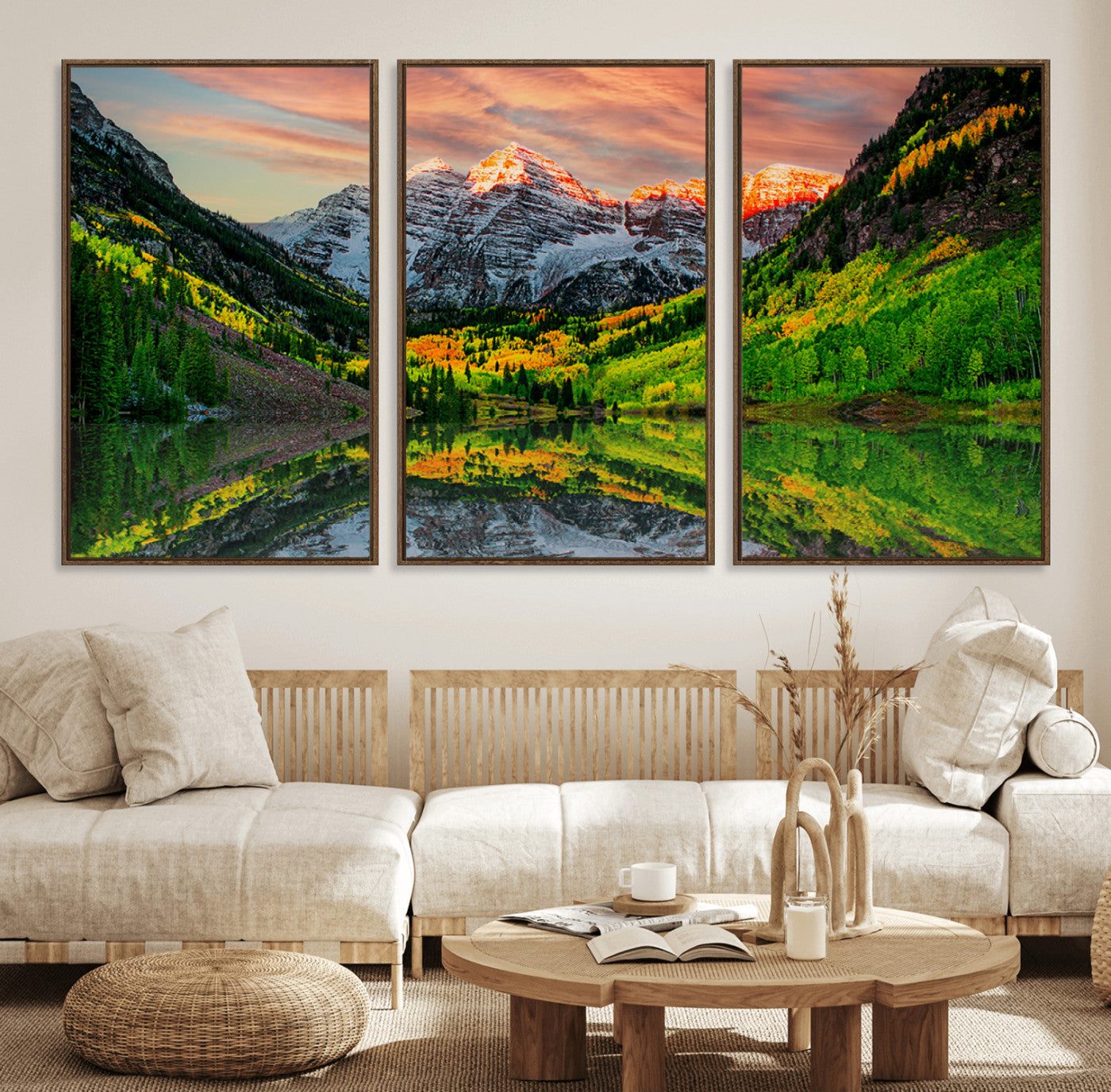 59533484-MGV-FC-60X30-3P_Walnut-Maroon Bells Autumn Wall Art – Panoramic Mountain Landscape Canvas Print, Sunset Reflection Nature Artwork for Living Room, Office