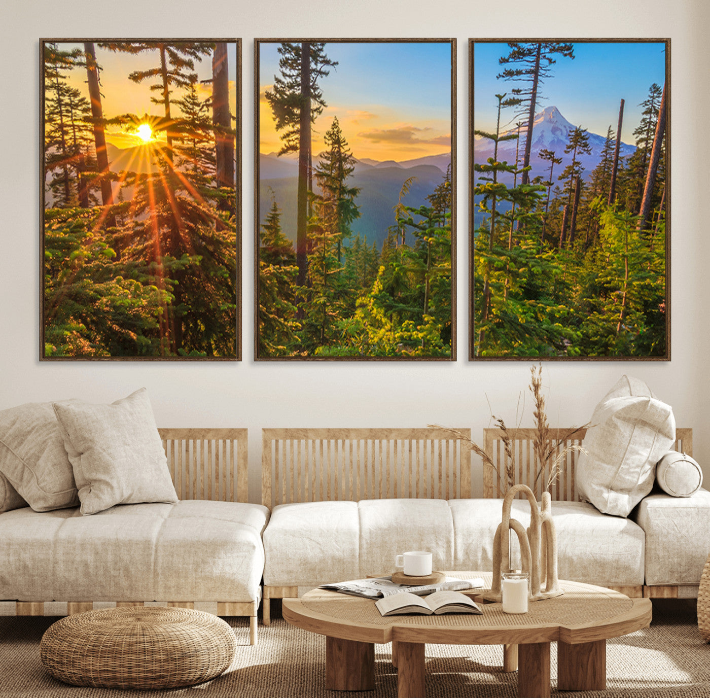 83544043-MGV-FC-60X30-3P_Walnut-Forest Sunset Wall Art Canvas Print, Framed Sunset Trees Art Picture Print, Green Pines Perfect Rustic Nature Decor Artwork