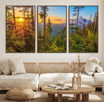 83544043-MGV-FC-60X30-3P_Walnut-Forest Sunset Wall Art Canvas Print, Framed Sunset Trees Art Picture Print, Green Pines Perfect Rustic Nature Decor Artwork