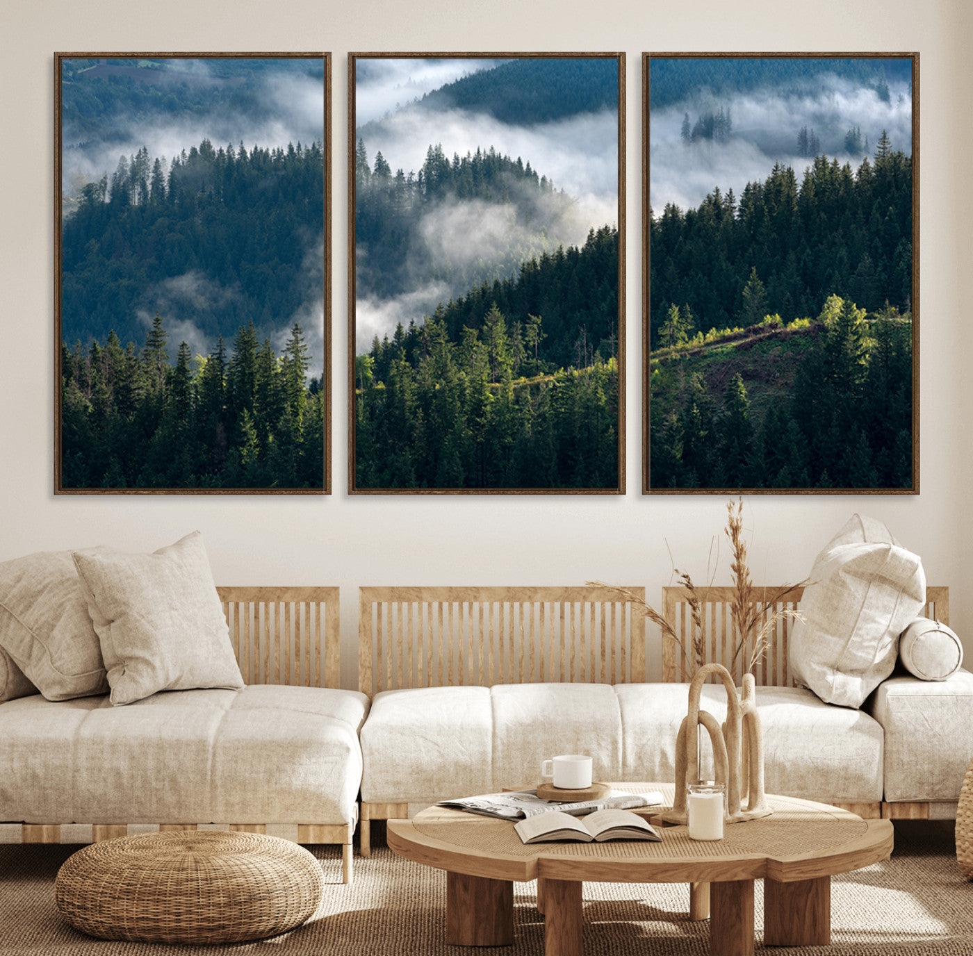 84598503-MGV-FC-60X30-3P_Walnut-Misty Forest Wall Art Canvas Print, Framed Pine Hills Art Picture Print, Moody Hills Perfect Moody Woodland Decor Artwork