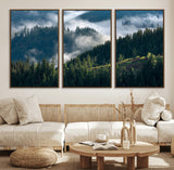 84598503-MGV-FC-60X30-3P_Walnut-Misty Forest Wall Art Canvas Print, Framed Pine Hills Art Picture Print, Moody Hills Perfect Moody Woodland Decor Artwork