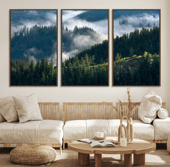 84598503-MGV-FC-60X30-3P_Walnut-Misty Forest Wall Art Canvas Print, Framed Pine Hills Art Picture Print, Moody Hills Perfect Moody Woodland Decor Artwork