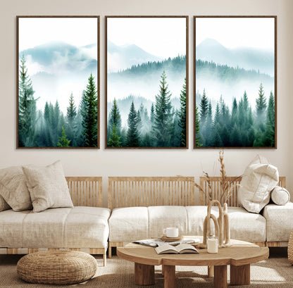 16716676-MGV-FC-60X30-3P_Walnut-Pine Forest Wall Art Canvas Print, Framed Misty Mountains Art Picture Print, Foggy Trees Perfect Moody Forest Decor Artwork