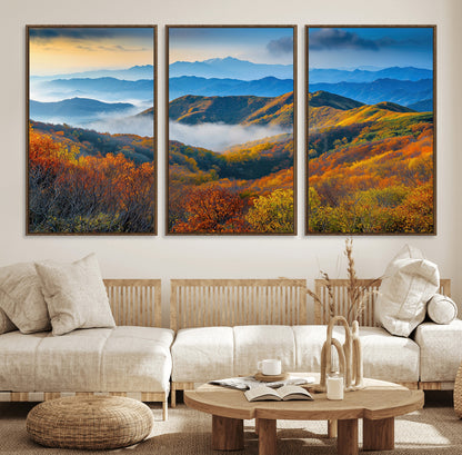 86772247-MGV-FC-60X30-3P_Walnut-Autumn Mountains Wall Art Canvas Print, Framed Fall Foliage Art Picture Print, Vibrant Hills Perfect Vibrant Nature Decor Artwork