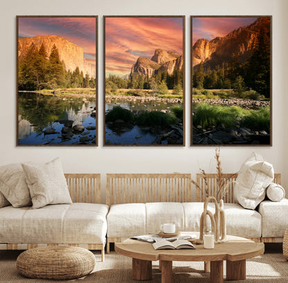31199457-MGV-FC-60X30-3P_Walnut-Yosemite Valley Wall Art Canvas Print, Framed El Capitan Art Picture Print, Sunset Sky Perfect Vibrant Western Decor Artwork