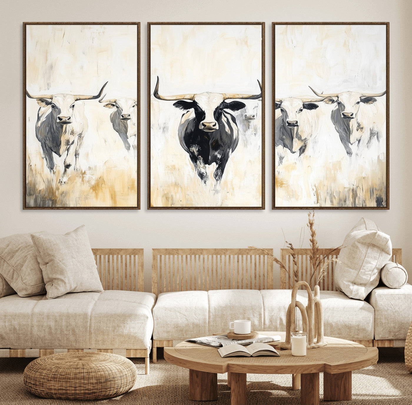 40397799-MGV-FC-60X30-3P_Walnut-Texas Longhorn Wall Art Canvas Print, Framed Rustic Herd Art Picture Print, Western Bull Perfect Neutral Western Decor Artwork