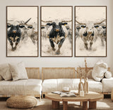 61538944-MGV-FC-60X30-3P_Walnut-Texas Longhorn Wall Art Canvas Print, Framed Cattles Walking Art Picture Print, Black White Bulls Perfect Rustic Western Decor
