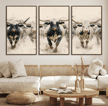 61538944-MGV-FC-60X30-3P_Walnut-Texas Longhorn Wall Art Canvas Print, Framed Cattles Walking Art Picture Print, Black White Bulls Perfect Rustic Western Decor