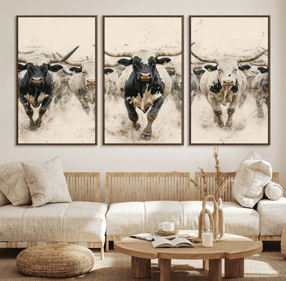 61538944-MGV-FC-60X30-3P_Walnut-Texas Longhorn Wall Art Canvas Print, Framed Cattles Walking Art Picture Print, Black White Bulls Perfect Rustic Western Decor