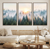 92718976-MGV-FC-60X30-3P_Walnut-Misty Forest Wall Art Canvas Print, Framed Sunrise Pines Art Picture Print, Foggy Woodland Perfect Moody Woodland Decor Artwork