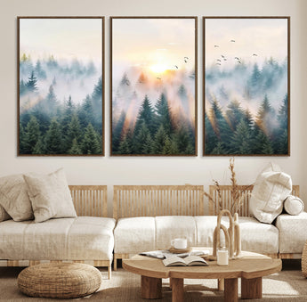 92718976-MGV-FC-60X30-3P_Walnut-Misty Forest Wall Art Canvas Print, Framed Sunrise Pines Art Picture Print, Foggy Woodland Perfect Moody Woodland Decor Artwork