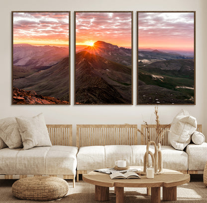 50957419-MGV-FC-60X30-3P_Walnut-Mountain Sunrise Wall Art Canvas Print, Framed Alpine Ridge Art Picture Print, Mountain Range Perfect Vibrant Rustic Decor Artwork