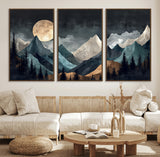 11060882-MGV-CV-36X24-Moonlit Mountains Wall Art Canvas Print, Framed Forest Silhouette Art Picture Print, Night Landscape Perfect Modern Forest Decor