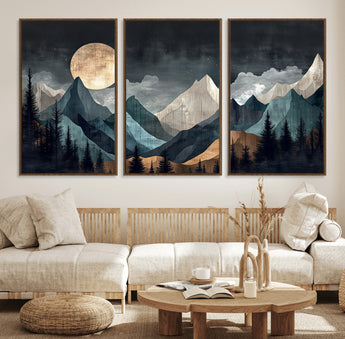 11060882-MGV-CV-36X24-Moonlit Mountains Wall Art Canvas Print, Framed Forest Silhouette Art Picture Print, Night Landscape Perfect Modern Forest Decor