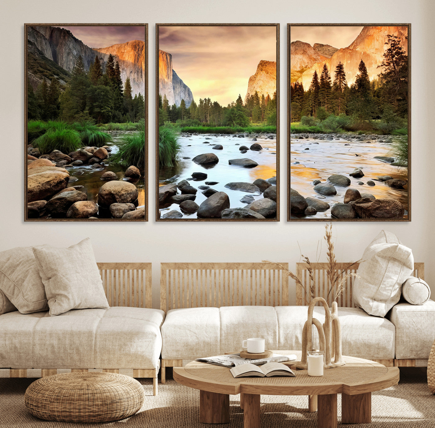 90956031-MGV-FC-60X30-3P_Walnut-Yosemite Valley Wall Art – Scenic Mountain River Landscape Canvas Print, Nature Photography for Living Room, Bedroom, Cabin,