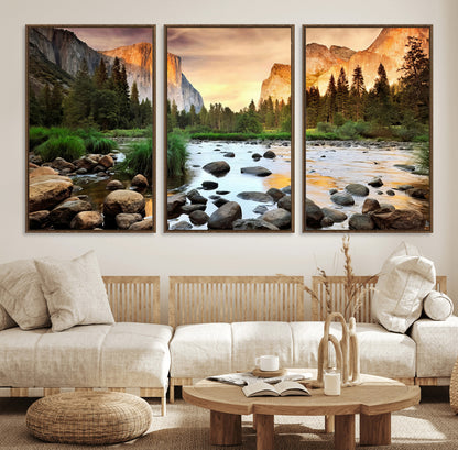 90956031-MGV-FC-60X30-3P_Walnut-Yosemite Valley Wall Art – Scenic Mountain River Landscape Canvas Print, Nature Photography for Living Room, Bedroom, Cabin,