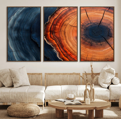 57732250-MGV-FC-60X30-3P_Walnut-Tree Ring Abstract Wall Art – Blue Orange Wood Grain Canvas Print, Modern Rustic Nature Artwork for Living Room, Office,