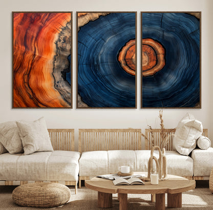 72209152-MGV-FC-60X30-3P_Walnut-Abstract Tree Ring Wall Art – Vibrant Blue Orange Wood Grain Canvas Print, Rustic Modern Nature Artwork for Living Room, Office,