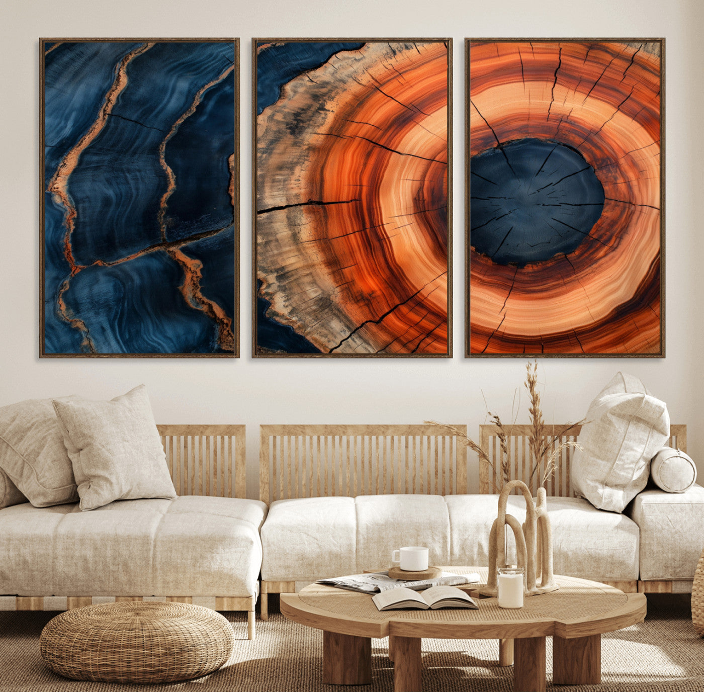 41123192-MGV-FC-60X30-3P_Walnut-Tree Ring Canvas Wall Art – Abstract Blue Orange Wood Grain Print, Rustic Modern Nature Artwork for Living Room, Bedroom, Office