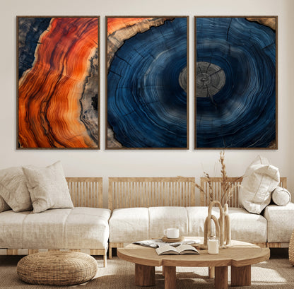 99491700-MGV-FC-60X30-3P_Walnut-Tree Ring Canvas Wall Art – Blue Orange Abstract Wood Grain Print, Rustic Modern Nature Artwork for Living Room, Office, Bedroom