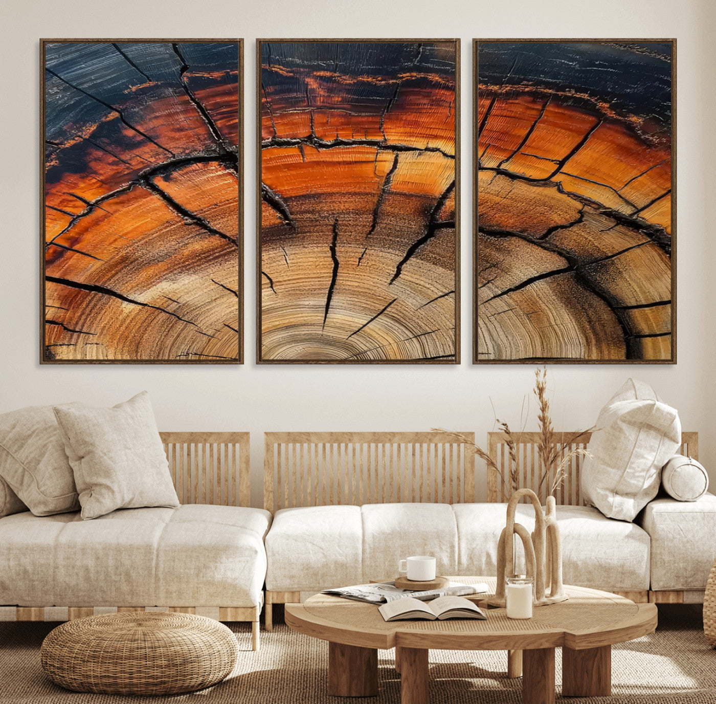 65909987-MGV-FC-60X30-3P_Walnut-Rustic Tree Ring Wall Art – Nature Inspired Wooden Texture Canvas Print, Modern Abstract Artwork for Living Room, Bedroom, Office