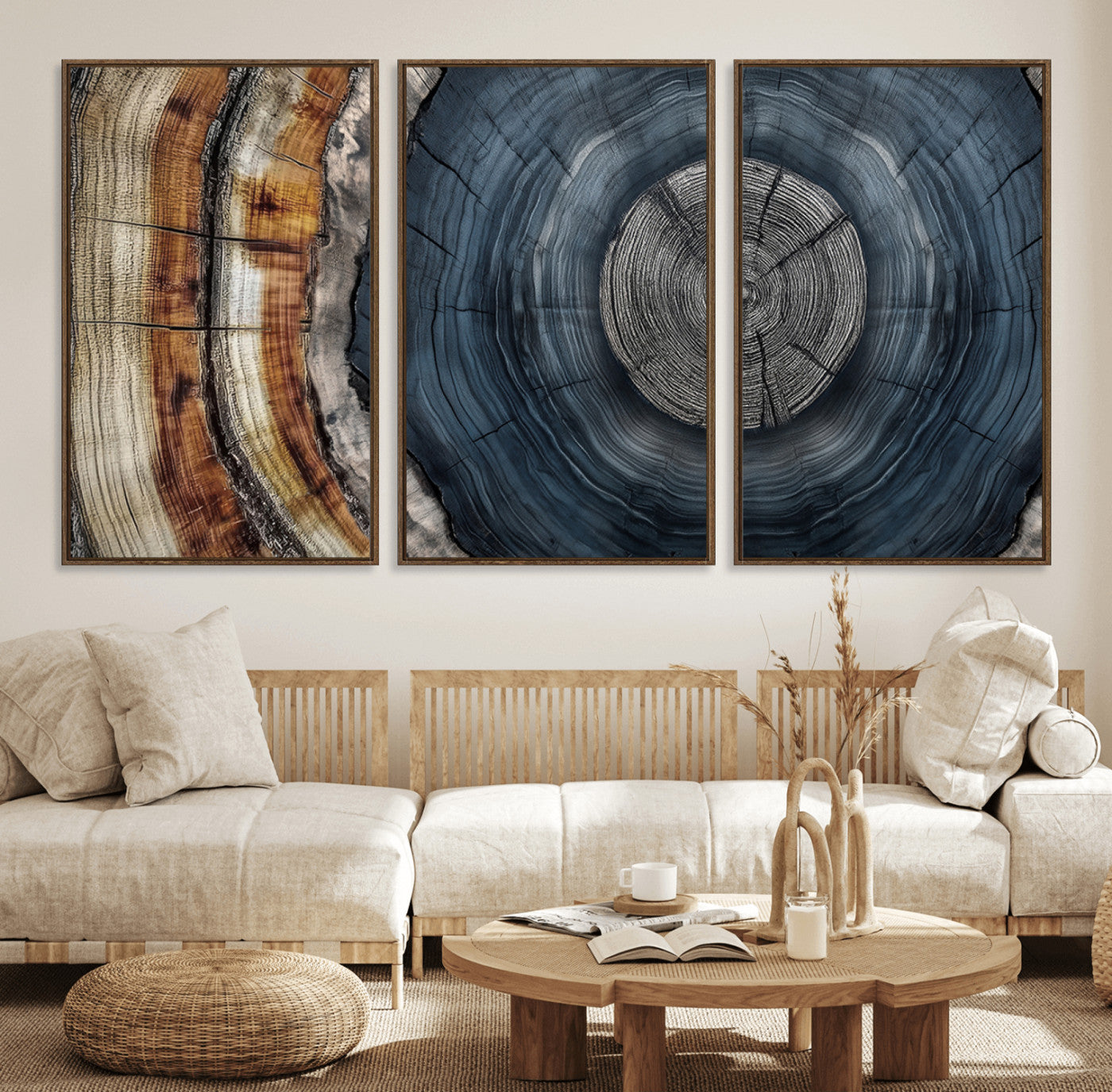 91368647-MGV-FC-60X30-3P_Walnut-Smoky Blue Tree Ring Wall Art – Rustic Wood Cross Section Canvas Print, Modern Nature Inspired Decor for Living Room, Office, or