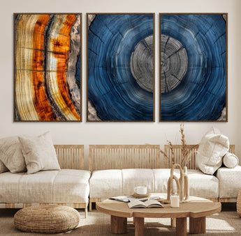 84489410-MGV-FC-60X30-3P_Walnut-Framed Abstract Tree Ring Wall Art Print, Natural Rustic Wood Texture Canvas Print, Wood Tree Stump Farmhouse, Log Cabin Wooden