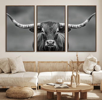 81228550-MGV-CV-36X24-Framed Texas Longhorn Bull Art Canvas Print, Western Bull Wall Art Print, Long Horn Bull Photo Print for Log Cabin, Large Bull
