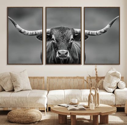 81228550-MGV-CV-36X24-Framed Texas Longhorn Bull Art Canvas Print, Western Bull Wall Art Print, Long Horn Bull Photo Print for Log Cabin, Large Bull