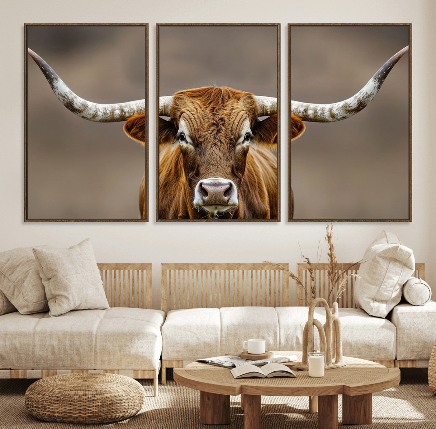 12179171-MGV-CV-36X24-Texas Longhorn Wall Art Canvas Print, Framed Brown Bull Art Picture Print, Lone Cattle Perfect Rustic Western Decor Artwork