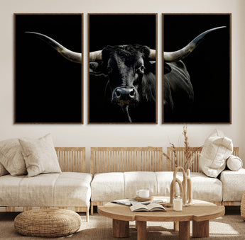 37531960-MGV-FC-60X30-3P_Walnut-Black Longhorn Bull Wall Art – Dramatic Western Cattle Canvas Print, Rustic Farmhouse Animal Artwork for Living Room, Bedroom,
