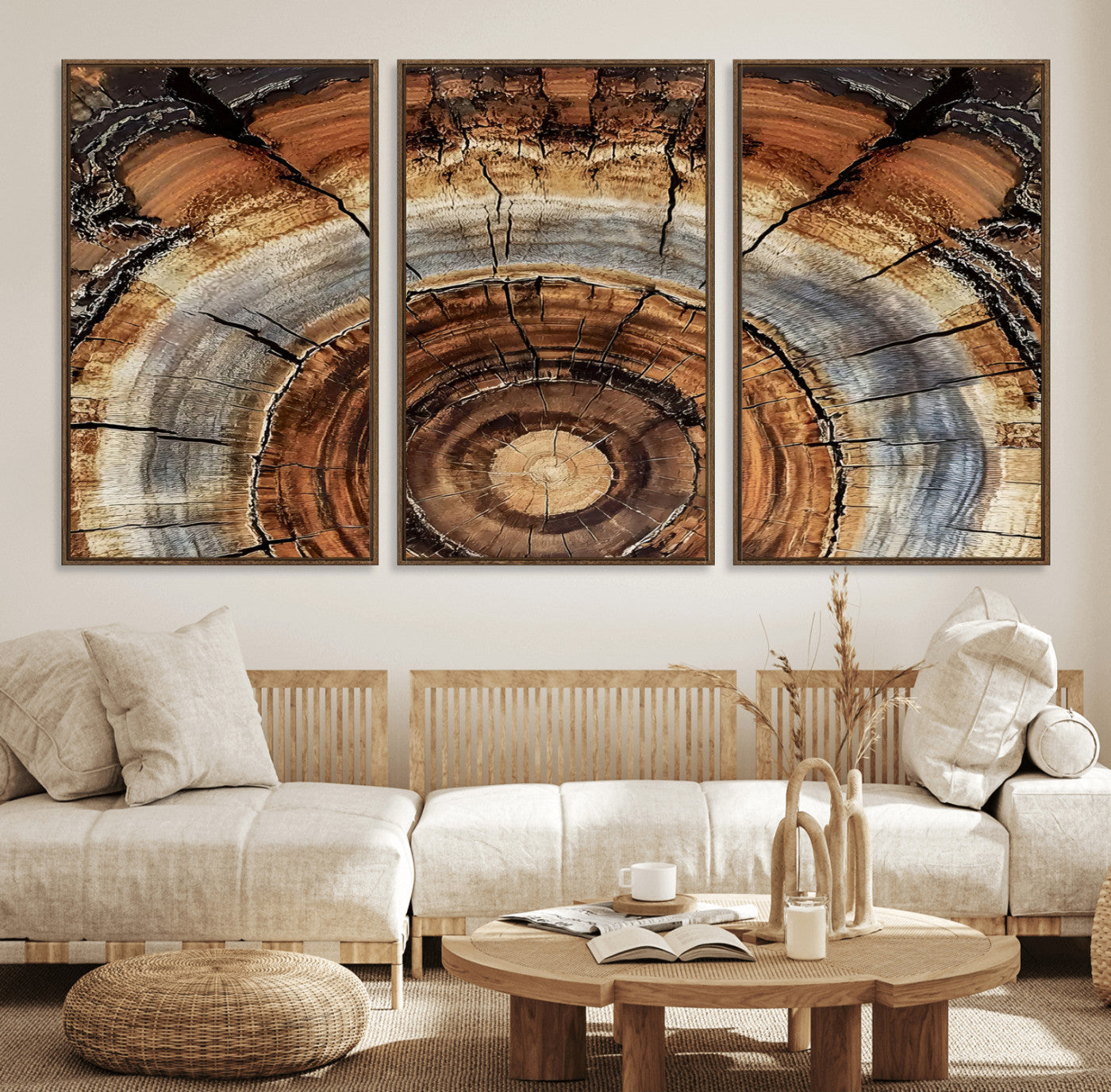 15184146-MGV-FC-60X30-3P_Walnut-Tree Rings Wall Art Canvas Print, Framed Wood Texture Art Picture Print, Rustic Pattern Perfect Rustic Organic Decor Artwork