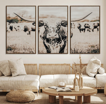 27497342-MGV-CV-36X24-Texas Longhorn Wall Art Canvas Print, Framed Speckled Cow Art Picture Print, Horned Cattle Perfect Rustic Western Decor Artwork