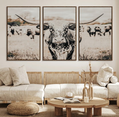 27497342-MGV-CV-36X24-Texas Longhorn Wall Art Canvas Print, Framed Speckled Cow Art Picture Print, Horned Cattle Perfect Rustic Western Decor Artwork