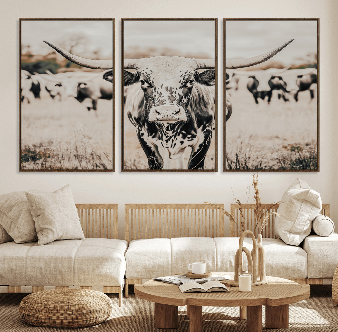 27497342-MGV-FC-60X30-3P_Walnut-Texas Longhorn Wall Art Canvas Print, Framed Speckled Cow Art Picture Print, Horned Cattle Perfect Rustic Western Decor Artwork