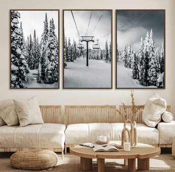 31156828-MGV-CV-36X24-Snowy Pines Wall Art Canvas Print, Framed Ski Lift Art Picture Print, Winter Forest Perfect Moody Lodge Decor Artwork