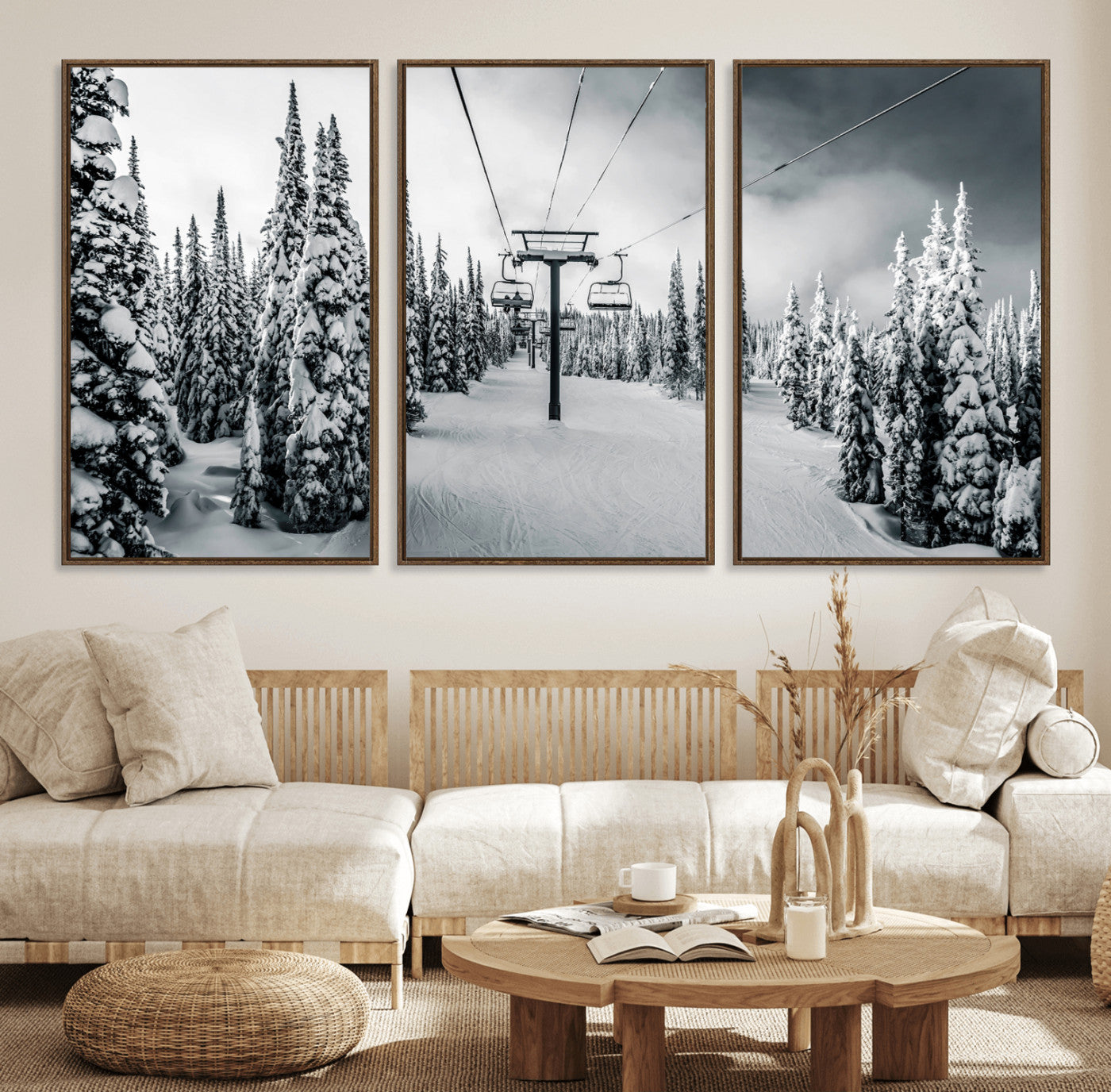 31156828-MGV-CV-36X24-Snowy Pines Wall Art Canvas Print, Framed Ski Lift Art Picture Print, Winter Forest Perfect Moody Lodge Decor Artwork