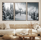 31156828-MGV-FC-60X30-3P_Walnut-Snowy Pines Wall Art Canvas Print, Framed Ski Lift Art Picture Print, Winter Forest Perfect Moody Lodge Decor Artwork