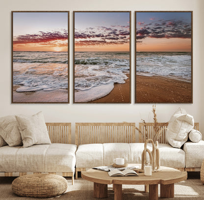 39846389-MGV-CV-36X24-Ocean Sunset Wall Art Canvas Print, Framed Sandy Shore Art Picture Print, Gentle Waves Perfect Minimalist Coastal Decor Artwork