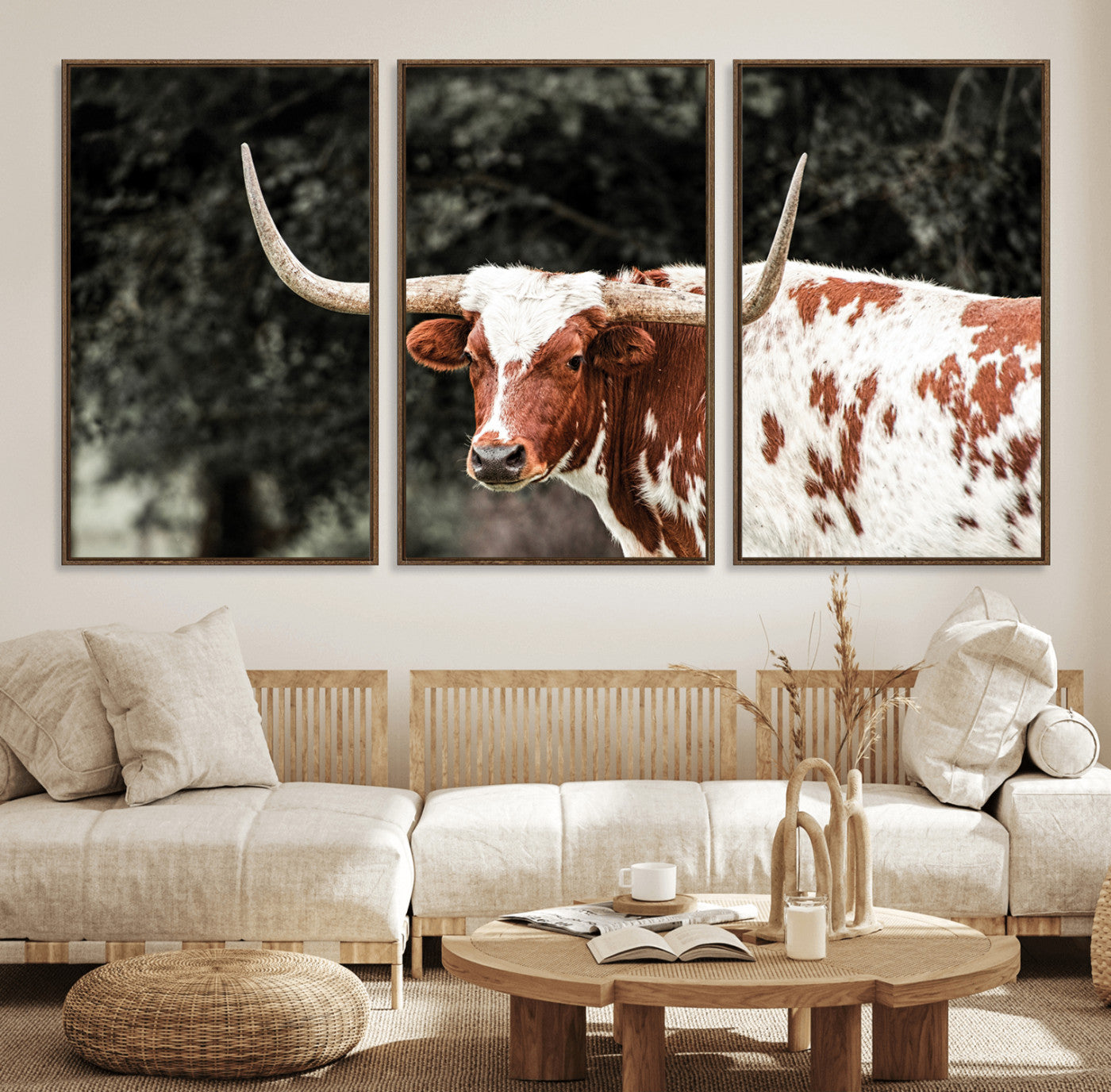 54027638-MGV-FC-60X30-3P_Walnut-Texas Longhorn Wall Art Canvas Print, Framed Spotted Cow Art Picture Print, Horned Bull Perfect Rustic Western Decor Artwork