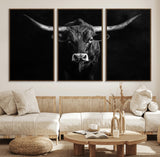 42077175-MGV-FC-60X30-3P_Walnut-Texas Longhorn Wall Art Canvas Print, Framed Monochrome Bull Art Picture Print, Horned Bull Perfect Rustic Western Decor Artwork