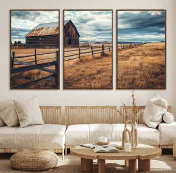 69356982-MGV-FC-60X30-3P_Walnut-Old Barn Wall Art Canvas Print, Framed Rustic Fence Art Picture Print, Wooden Farmhouse Perfect Rustic Farmhouse Decor Artwork