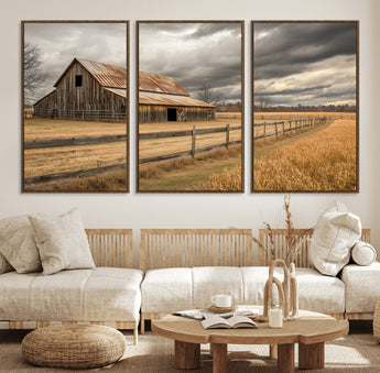 26821575-MGV-FC-60X30-3P_Walnut-Old Barn Wall Art Canvas Print, Framed Rustic Barn Art Picture Print, Moody Farm Perfect Rustic Farmhouse Decor Artwork